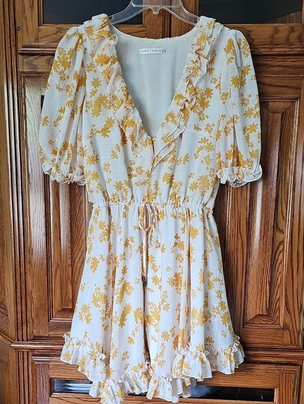 Saints + Secrets Brand Cream and Mustard Floral Ruffle Dress